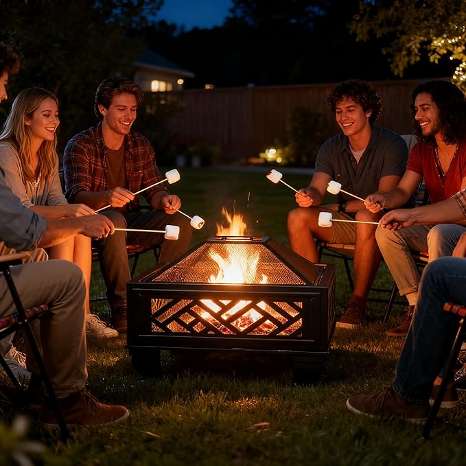 Breezz Update Version 26 Inch Wood Burning Fire Pit with Cooking Grill and Spark Screen, Outdoor Metal Firepit for Patio, Backyard, Bonfire Party, Camping and Garden