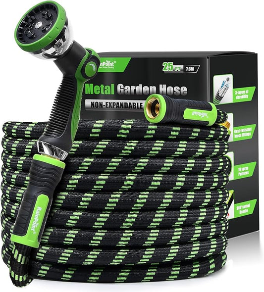 RAINPOINT Metal Garden Hose 25 ft - No-kink 304 Steel Water Hose with 10 mode Nozzle - Brass Connection, Swivel Handle, Flexible Hose,Lightweight, Puncture