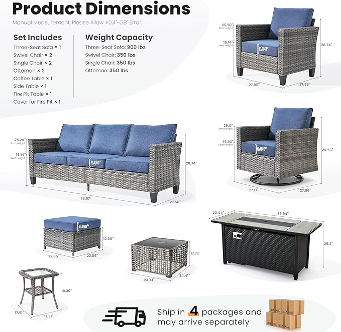 ovios 10 Pieces Patio Furniture Set with Swivel Chairs Rocking Gliders, 54" Fire Pit Table, Outdoor Sofa Couch with Solar Lights Table, Modern Deep Seat Wicker Rattan Conversation Set, Denim Blue