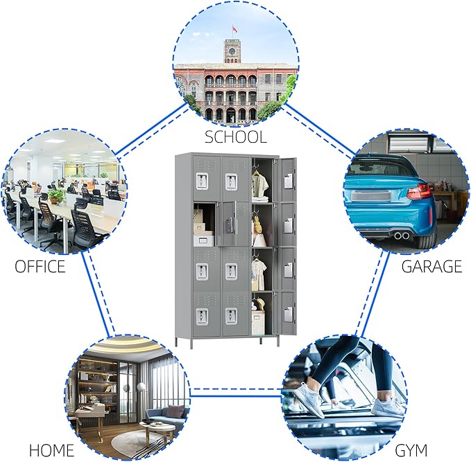 METAN Metal Storage Locker for School Office Gym Bedroom, 12 Doors Locker Cabinet for Employees, Industrial Steel Storage Locker with 12 Hooks, Assembly Required (12 Door-Light Gray)