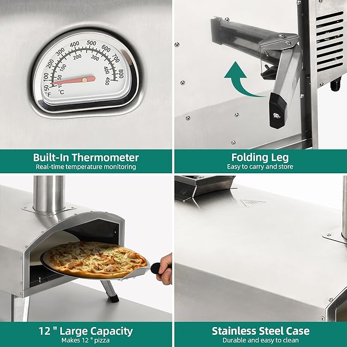 YTIAHOME Multi-Fuel Outdoor Pizza Oven with Rotating, 12" Wood and Gas Fired Pizza Oven with Built-in Thermometer, Dual Fuel Pizza Maker with Peel, Stone, Carry Cover, Recipes for Backyard Camp