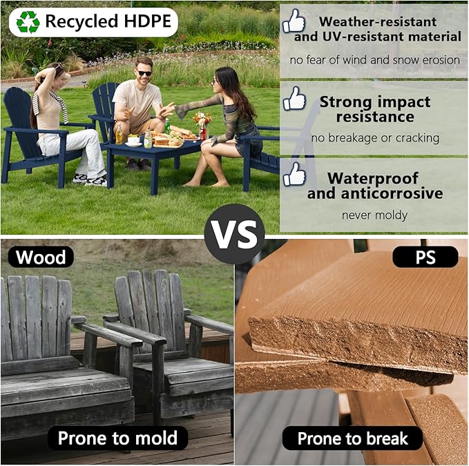 Stackable Adirondack Chair Set of 2, HDPE Outdoor Patio Chair - Durable and Space Saving, Suitable for Porches, Lawns or Garden, Navy