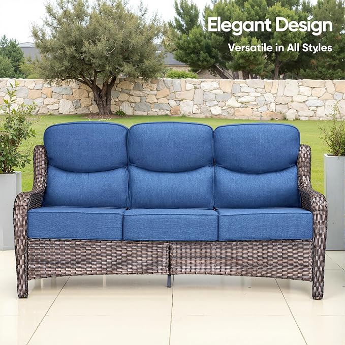 Swivel Patio Chairs sofa Set of 6 - 6" Thick Cushion - Wicker Outdoor Swivel Rocker Patio Chair ,Sofa/Glass coffee table, High Back Comfortable Outdoor Glider Chairs - Brown Wicker Blue Cushions