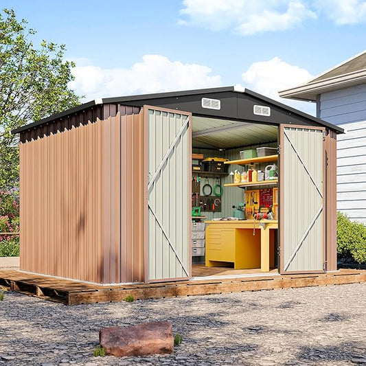10x10 FT Outdoor Storage Shed, Utility Steel Tool Shed with Lockable Door and Air Vents, Galvanized Metal Shed for Garden Backyard Patio Lawn (10'x10', Brown)