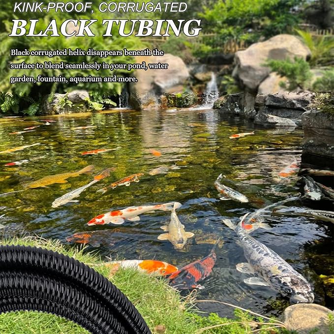 Pond Tubing 3/4” × 10ft- Black Corrugated Flexible PVC Hose, Kinkproof & Strong for Garden Ponds, Waterfall Sump Pump Pond Hose