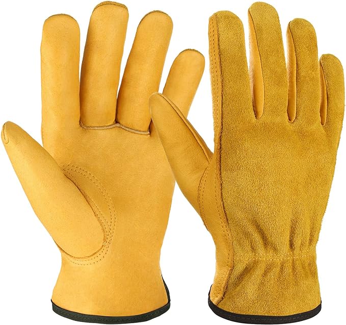 OZERO Leather Work Gloves Flex Grip Tough Cowhide Gardening Glove for Wood Cutting/Construction/Truck Driving/Garden/Yard Working for Men and Women 1 Pair (Gold,Medium)
