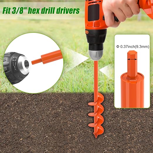 Auger Drill Bit for Planting 4 x 24'', Threaded Garden Auger Post Hole Digger, Spiral Drill Earth Dirt Soil Augers for Bulb, Tulip, Tree, Fence Post and Umbrella Holes, Fits in 3/8” Drill Chuck