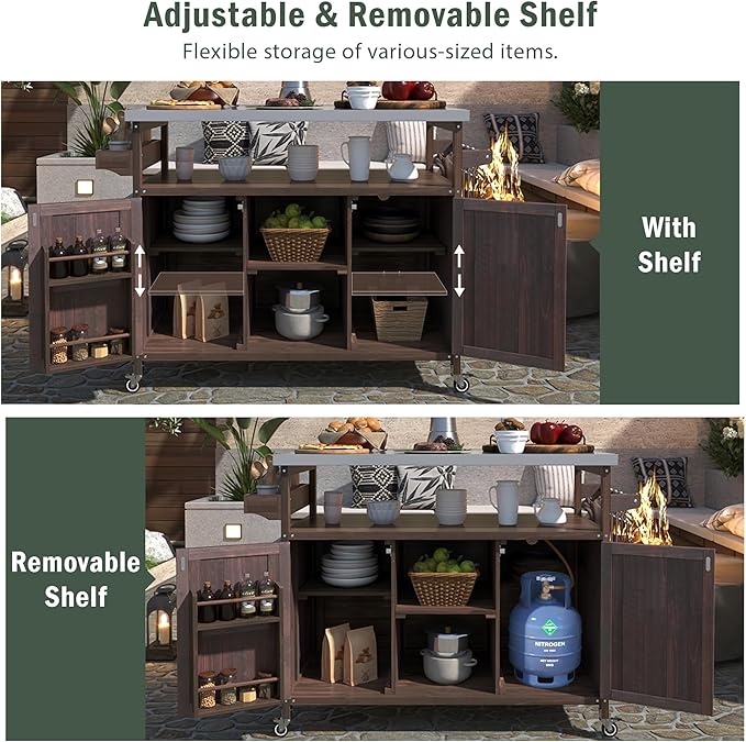 50.25" W Grill Cart with Stainless Steel Tabletop - Outdoor Storage Cabinet for BBQ, Bar Patio Kitchen Island with Ample Storage and Lockable Wheels