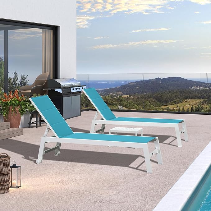 PURPLE LEAF Outdoor Chaise Lounge Set Oversize Adjustable Sunbathing Recliner Extra Wide Lounge Chairs with Side Table for Poolside Beach Outside Patio Aluminum Chaise Lounger Blue