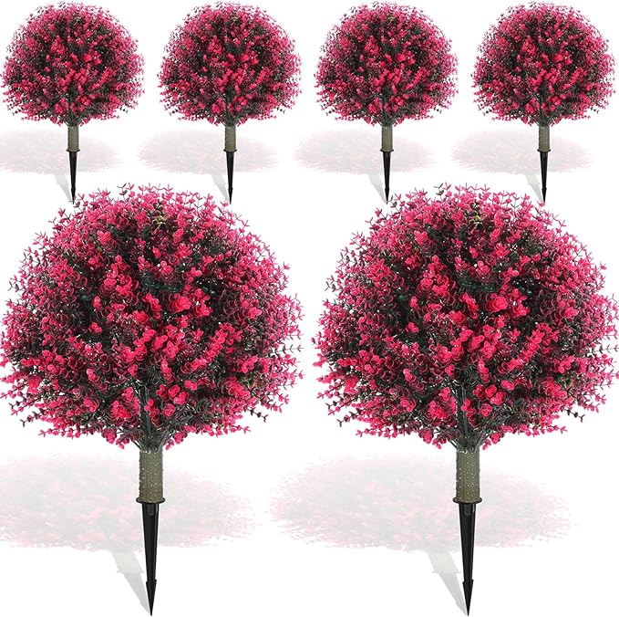 Yunlly 6 Pcs 18 Inch Artificial Boxwood Ball Topiary Tree Fake Outdoor Plants Bush, UV Resistance Faux Shrubs with Spike Realistic Greenery Potted for Indoor Garden Yard Porch Patio Decor (Rose Red)