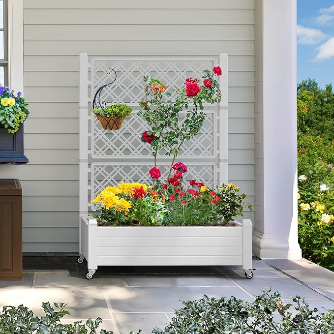 YITAHOME 43.3x17.7x61 in Planter Trellis Box with Wheels & Drain Plug, Outdoor Resin Raised Garden Bed for Climbing Plants, Large Weather-Resistant Design, Grayish-White