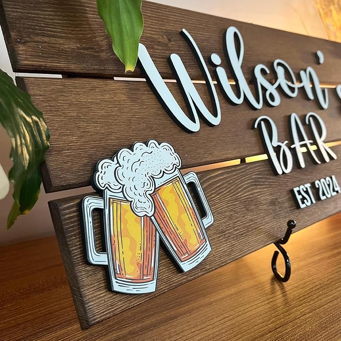 Personalized Wooden Bar Sign with Family Name, Coffee Bar Signs for Kitchen Decor, Business Sign with Established Date, Rustic Wooden Wall Decor, Custom Bar Name Plaque, Gift for Bar Owners
