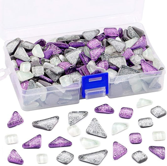 Swpeet 1 Pound Sliver + Purple Shine Crystal Series Mosaic Tiles Assortment Kit, Square and Triangle Genuine Mosaic Tiles Glitter Crystal Mosaic Perfect for Home Decoration Crafts - Mosaic Tiles K