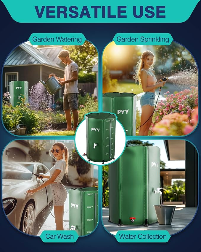 PYY Rain Water Collection Barrel - 100 Gallon Green Water Storage Tank with Spigots, Hose and Portable Bucket, Large Plastic Collapsible Rain Catcher Catchment System to Collect Rainwater from Gutter