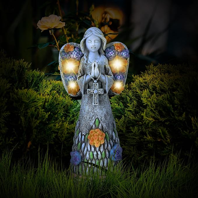 Yiosax-Garden Angels Outdoor Statue-Solar Lights Decor - Solar Angels for Cemetery Grave Cross Praying Succulent Wings Remembrance Angel Figurine Lawn Yard Decorations, White, Yiosax-Angel04