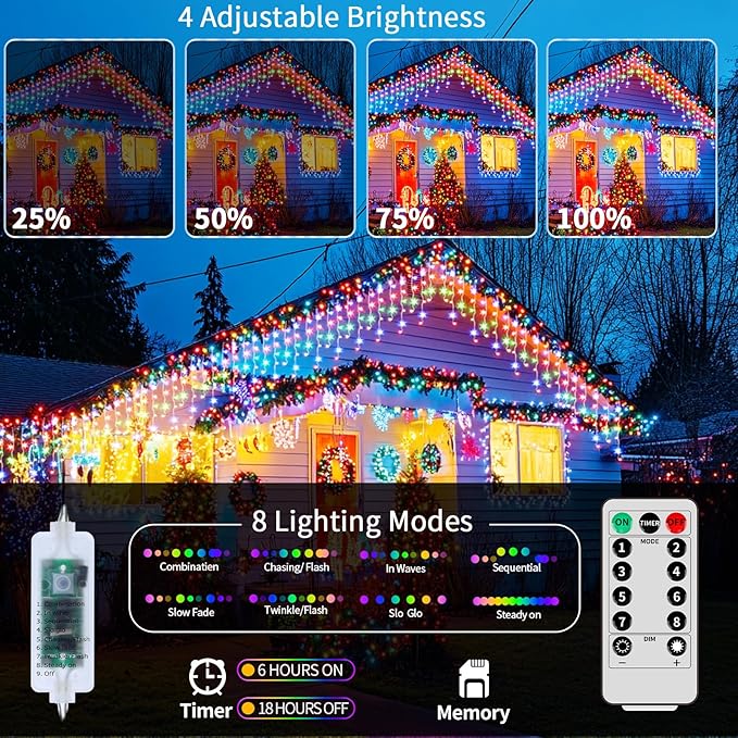 XZAI 800LED 50FT, Icicle String Lights, Plug-in, Multi-Color & Warm White, Christmas Party Decors, Connectable, Memory, Remote, 8 Modes, Timer, Dimmable, IP65 Waterproof, Hanging for Outdoor & Indoor