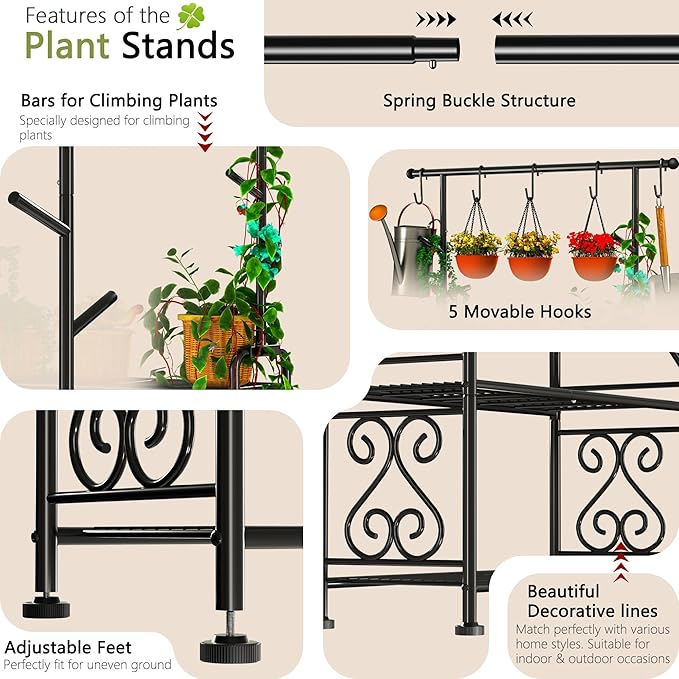GIOTORENT Plant Stand Indoor, 3-Tier Heavy Duty Metal Shelf for Patio & Indoor, Tall Plant Holds 14+ Plants with 5 Hooks, Rust-Proof Plant Holder for Garden, Balcony, Living Room, Black