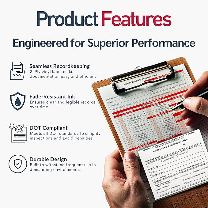 100 Pack Buck Annual Vehicle Inspection Label, 2-Ply Adhesive Vinyl with Mylar Laminate, FMCSA & DOT Compliant, Weatherproof, Tear Resistant, Easy to Write On, 5" x 4" - Made in USA