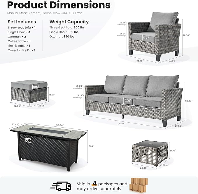 ovios 9 Pieces Patio Furniture Set with 54" Fire Pit Table, Outdoor Sofa Couch with Solar Lights Table Comfy Cushions, Modern Deep Seat Wicker Rattan Conversation Set, Dark Grey