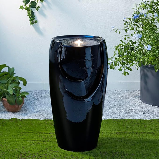 Glitzhome 29.25" H Oversized Ceramic Vase Outdoor Water Fountain Tall Patio Garden Water Fountain with LED Light and Submersible Pump Yard Art Decor, Black, 29.25”H