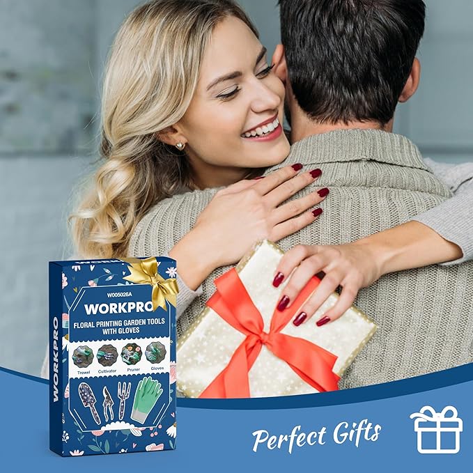 WORKPRO Aluminum Garden Tool Set, 4PCS Heavy Duty Hand Garden Tools with Box Include Trowel, Rake, Pruner, Garden Gloves, Floral and Insect Printing, Garden Gifts