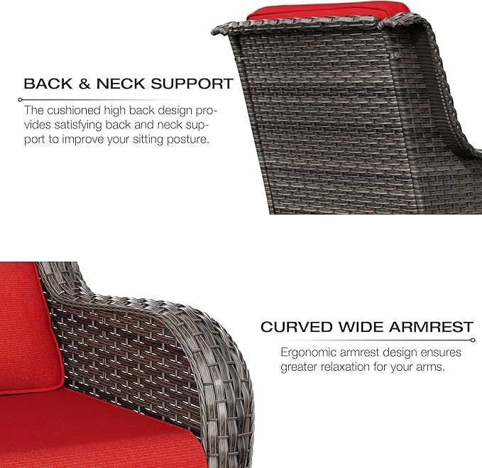 Joyside Outdoor Swivel Rocker Patio Chair and Matching Side Table - 2-Piece Wicker Patio Bistro Set with Premium Fabric Cushions (Brown Mixed with Grey/Red)