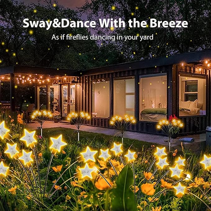 4 Pack Star Solar Firefly Lights, 10 LED Garden Lights,Solar Swaying Lights,Outdoor Waterproof Firefly Path Lights for Pathway Yard Walkway Patio Decoration, Warm White