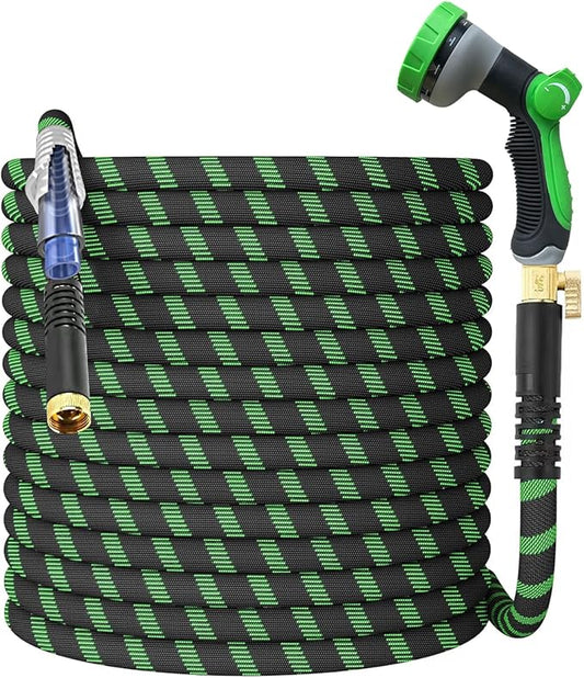 Non-Expanding Garden Hose 100Ft, Flexible Kink Free Water Hose with 10 Watering Spray Nozzle, Lightweight Hose Pipe, Leak-Proof, Durable, 3/4" Metal Alloy Connector, Portable Storage Strap