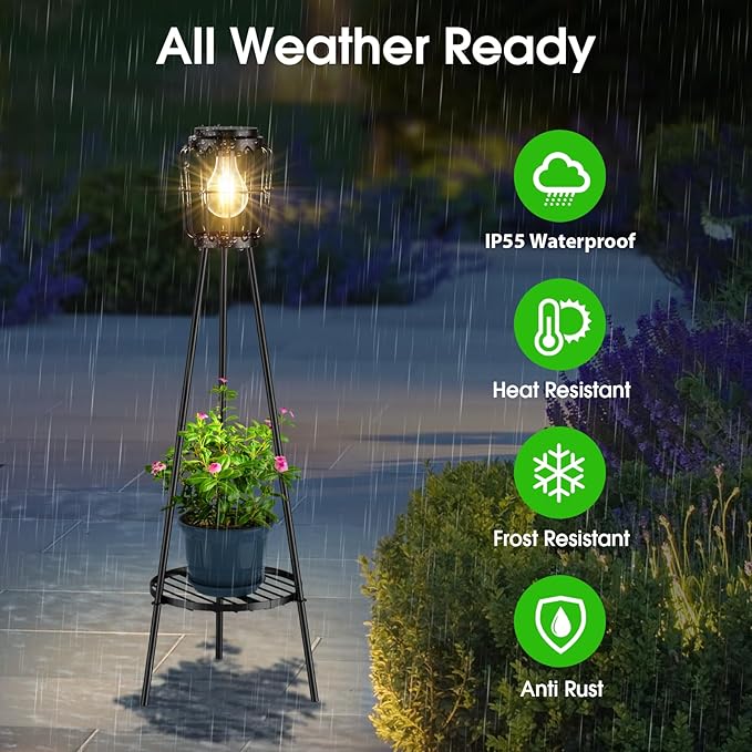 Solar Lights Outdoor with LED Edison Bulbs, Solar Floor Lamp with Plant Stands for Garden Yard Pathway Driveway Front/Back Porch Decoration