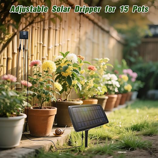 Solar Drip Irrigation System for Garden, Automatic Drip Irrigation Kits,Plants Self Watering Devices for Vacation,Solar/Battery Powered Water Pump for Potted Plants,Raised Beds,Greenhouse (15 Pots)