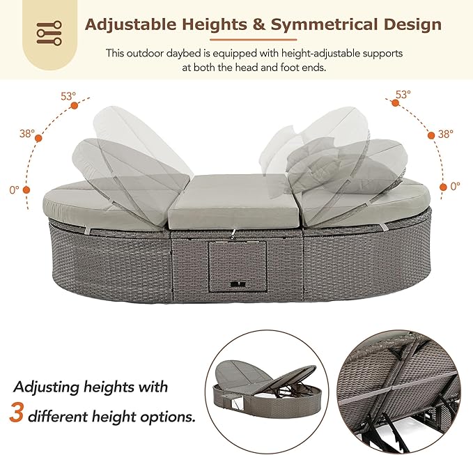 kevinplus Outdoor Daybed Patio Sunbed with Adjustable Backrests and Foldable Cupholder, Rattan Outdoor Garden Daybed Sunbed Reclining Chaise Lounge for Poolside Balcony, Gray