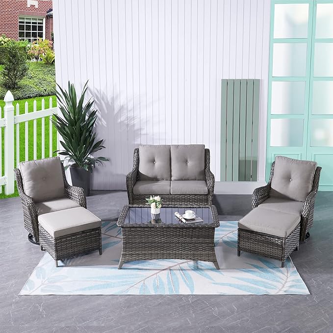 HUMMUH 6 Pieces Outdoor Patio Furniture Set Wicker Swivel Patio Chairs with Ottomans 2 Seater Outdoor Sectional Sofa/Patio Loveseat with Coffee Table