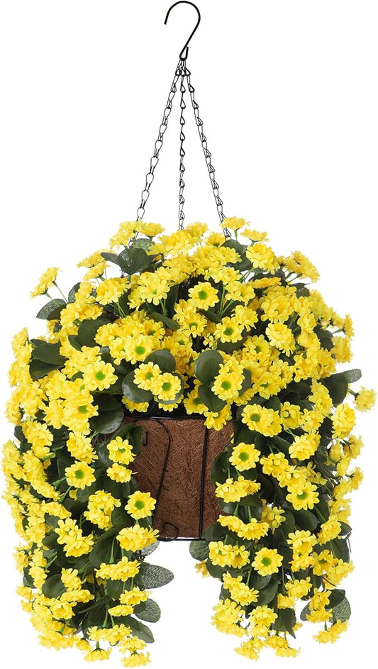 NXUGAO Artificial Flowers with Hanging Basket for Outdoors Indoors Decor, Faux Silk Chrysanthemum Plants in Baskets for Home Decoration Garden Yard Patio, 4 Bundles with 1 Basket