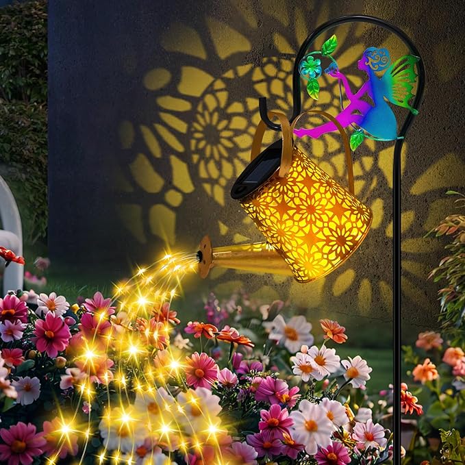 Solar Lights Garden Decorative, Solar Watering Can with Cascading Lights, Waterproof Metal Lantern with Fairy Shepherd Hook, Outdoor Decor for Yard, Patio, Lawn, and Pathway, Gardening Gifts for Mom