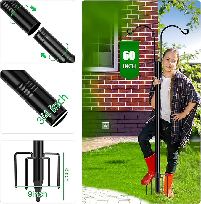 XDW-GIFTS Double Shepherds Hooks for Outdoor, 2-Pack Heavy Duty Garden Pole for Hanging Bird Feeder, Plant Baskets, Solar Light Lanterns, Garden Plant Hanger Stands with 5 Base Prongs