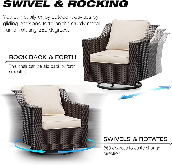 Joyside Wicker Patio Furniture Sets, 4 Pieces Upgraded Large Size Outdoor Furniture with Swivel Rocking Patio Chairs and Outdoor Ottoman, Thick Cushions, Wide Armrest