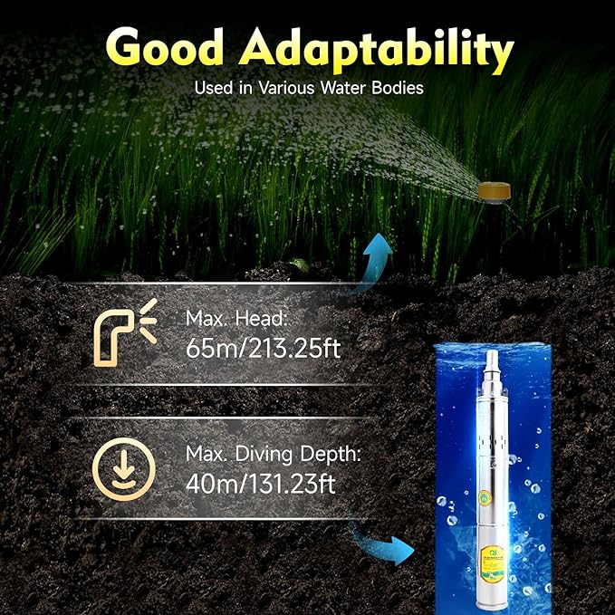 Solar Water Pump Deep Well, DC 24V 370W Stainless Steel Screw Pump 213ft Lift 2850 RPM Flow Deep Well Submersible Solar Water Pump Farm Ranch Irrigation Pump Kit