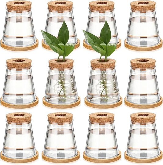 Baderke 12 Packs Plastic Desktop Vase with Hole Lid and Bamboo Stand Plant Propagation Stations Plant Growing in Water Hydroponic Home Office Table Decoration (Fresh Style)