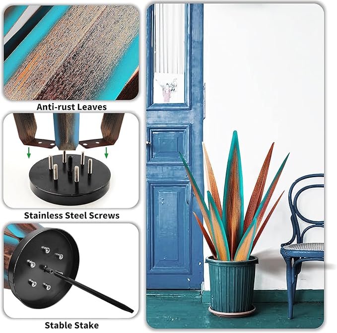 Large Tequila Rustic Sculpture, Rustic Metal Agave Plants for Outdoor Patio Yard, Home Decor Hand Painted Metal Agave Garden Yard Statue, Outdoor Lawn Ornaments Yard Stakes (Blue - M)