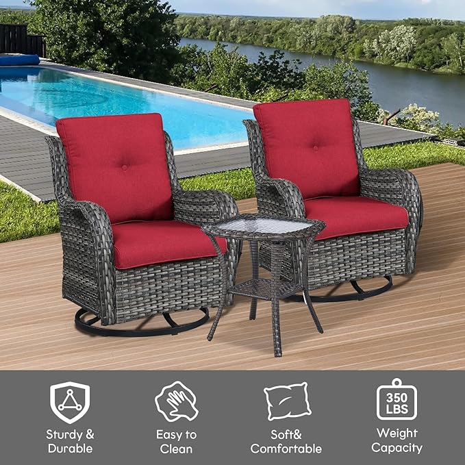 Outdoor Swivel Rocker Wicker Chairs Set of 3, High Back Swivel Patio Chairs Wicker Furniture Set, 2 PCS Rattan Swivel Rocking Chair with Side Table, Red Cushion