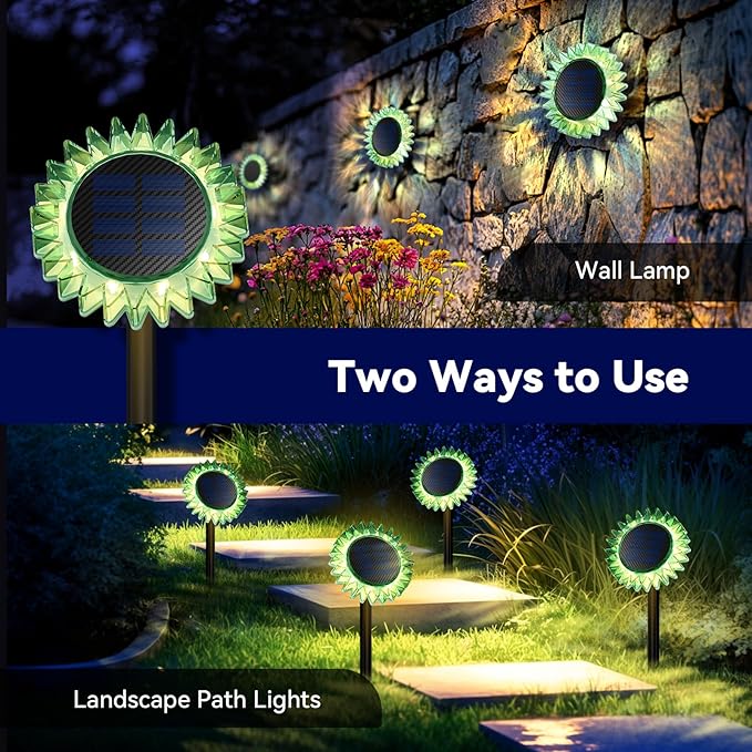 Hogni Solar Pathway Lights - 2 Pack LED Sunflower Garden Light, Waterproof Outdoor Decor for Wall, Lawn, Yard, Walkway, Patio, Landscape