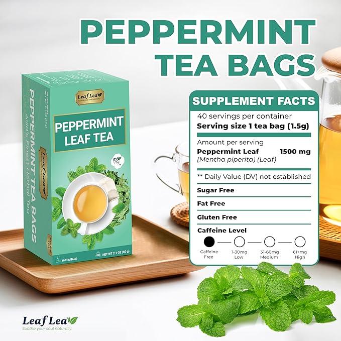 LeafLea 80 Premium Peppermint Tea Bags, 100% Natural Peppermint Leaf Tea, Te de Menta for Soothing Throat & Refreshing Breath, Light and Smooth Flavor, Caffeine-Free, Sugar-Free, Individually Wrapped