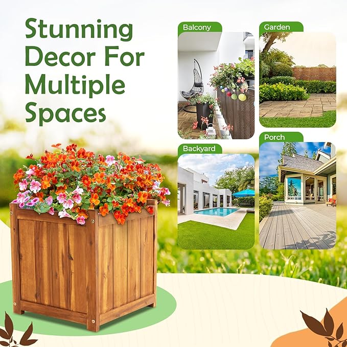 Idzo Hardwood Outdoor Flower Box, Durable Acacia Wood Flower Boxes for Outdoor Plants with Ergonomic Handles, Drainage Holes, Multiple Sizes Wood Bucket Planter for Home Decor, 1pcs