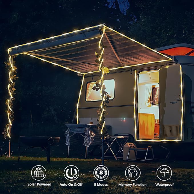 Solar Rope Lights, 2 Packs 66ft 200LED Solar String Lights, 8 Modes Waterproof Solar Powered Outdoor Lights, Flexible Clear Tube Light for Garden, Backyard, Patio, Deck, Pool,Tree Decor - Warm White