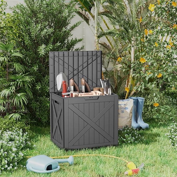 38 Gallon Outdoor Deck Box,Storage Lockable Waterproof Patio Furniture,Garden Tools,Cushions,Pool Accessories Outside Storage Resin Box(BlackX)