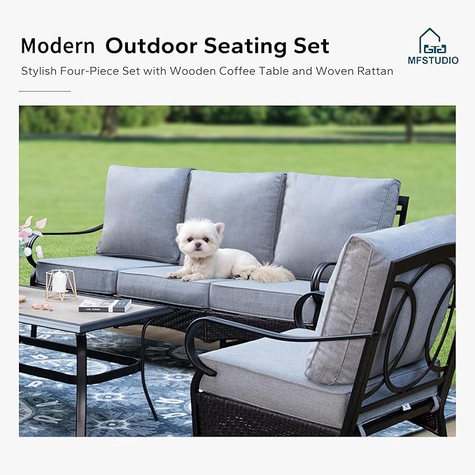 MFSTUDIO 5 PCS Outdoor Patio Furniture Set, Metal Outdoor Conversation Set, Rattan Wicker Patio Sectional Sofa Set with 2 x Swivel Single Sofa, 2-Seat and 3-Seat Sofa, 1 x Coffee Table, Grey