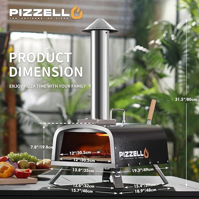 Portable Pellet Pizza Oven Outdoor Wood Fired Pizza Ovens Included Pizza Stone, Pizza Peel, Fold-up Legs, Cover, Pizzello Forte (Black)