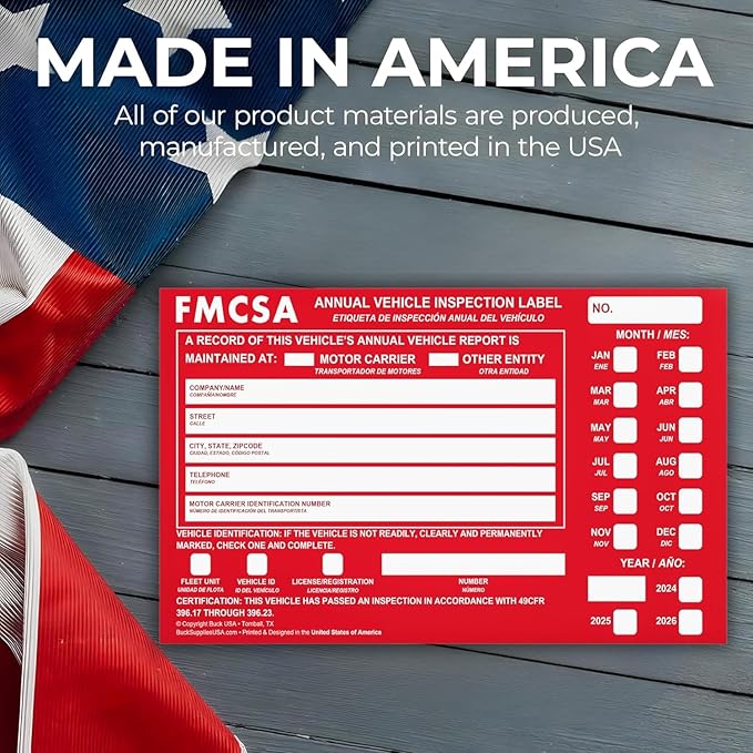 10 Pack Buck Aluminum Annual Vehicle Inspection Label with Punch Boxes, 2 Mil Red FMCSA Self Adhesive Sticker, DOT Compliant, Weatherproof, Tear Resistant, Easy to Write On, 6" x 3.5" - Made in USA