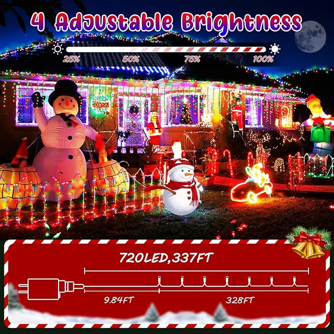 Hezbjiti 337FT 720LED Color Changing Christmas Lights Outdoor, 11 Modes String Lights IP44 Waterproof Fairy Light for Party Tree Garden Wedding Decorations (Multicolor to Warm White, Clear Wire)