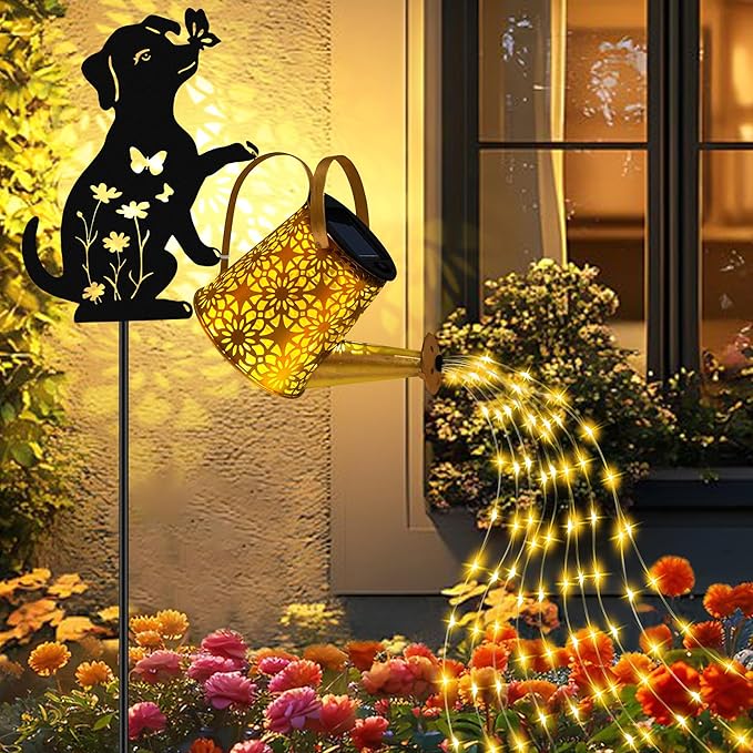 Solar Lights Outdoor Decorative, Watering Can with Cascading Lights, with Dog Silhouette Garden Stakes, Waterproof Metal Garden Decor for Yard Art, Outside, Patio, Lawn Ornaments